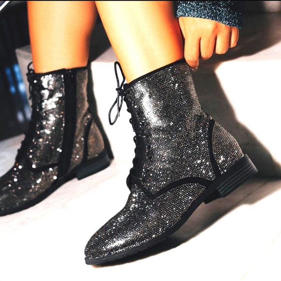 Shoes - Black/Silver Combat Rhinestone Bootie Laced Up